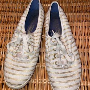 White & Gold Striped Keds